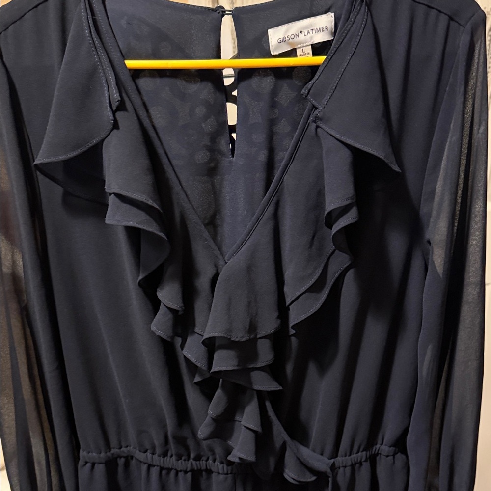 Gibson Latimer Navy Ruffle Jumpsuit